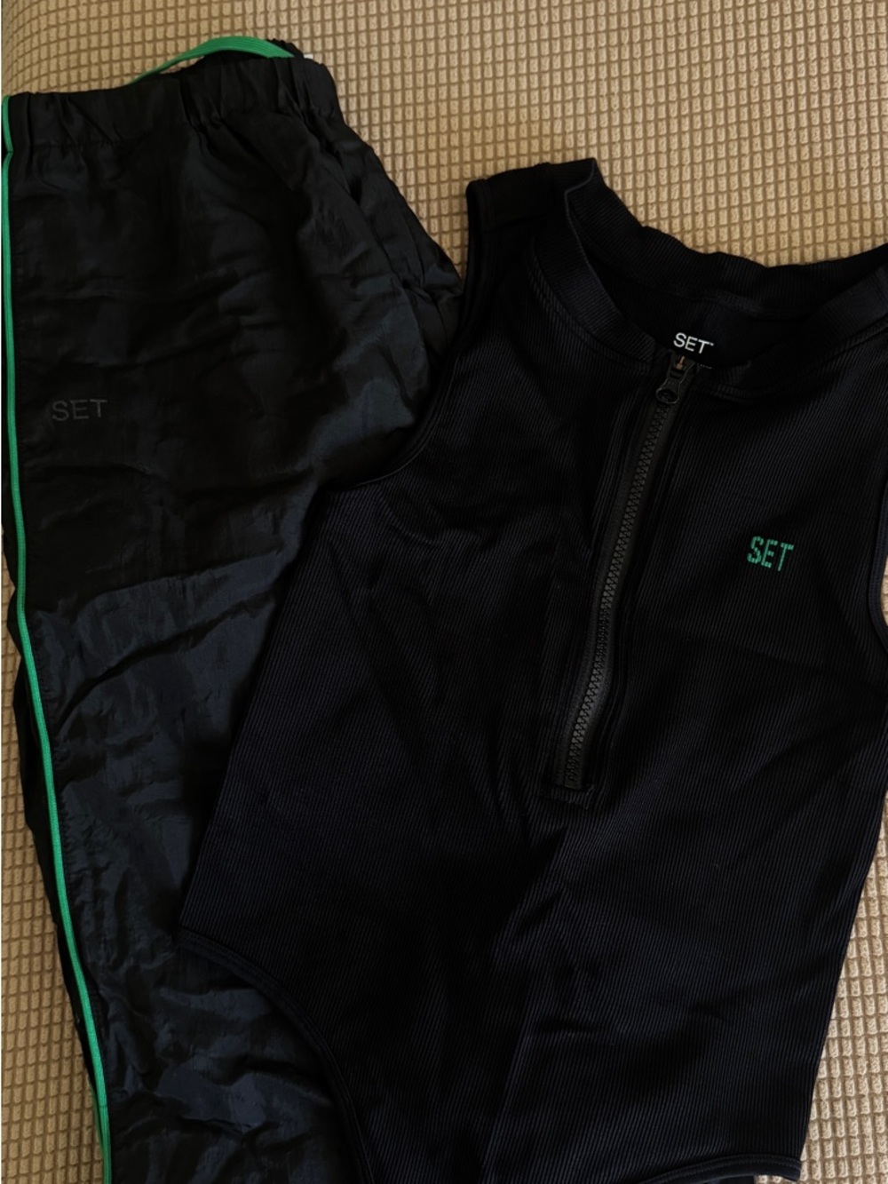 SET Active Black Ribbed Zip Bodysuit & Black Track Pants with Green Trim